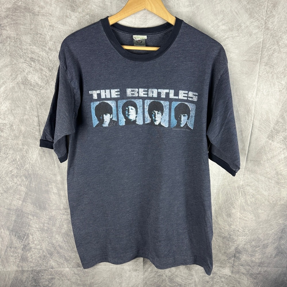 The Beatles Mens Graphic Ringer T-Shirt Navy Blue 2004 Apple Corps Large